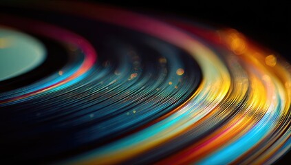 Abstract circular design with vibrant, swirling colors and light streaks