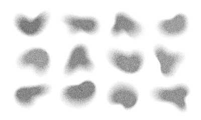 Stippled irregular shapes noise grain effect gradient texture set. Abstract fluid amoeba irregular blob abstract shapes collection with dot stippled grainy wave effect vector illustration set.