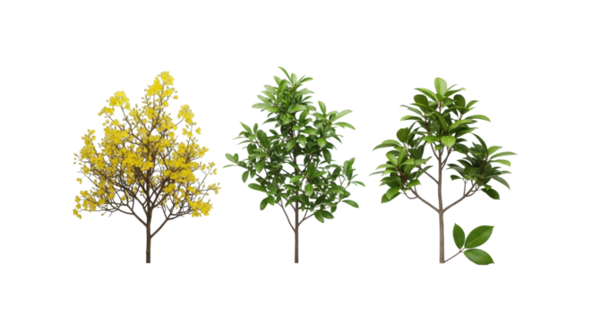 Three miniature trees (yellow blossoms, green foliage, single leaf) in ultra-clean studio, soft light on transparent background, concept of botanical precision and commercial display