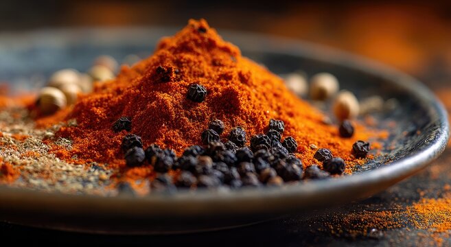 Close-up of various spices on a dark plate. A mound of vibrant red chili powder sits center, surrounded by peppercorns and hints of other ground spices
