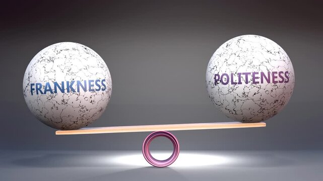 Frankness and politeness in balance - balancing stones on a scale symbolizing harmony, equity and equilibrium between frankness and politeness. Harmonious and beneficial situation.