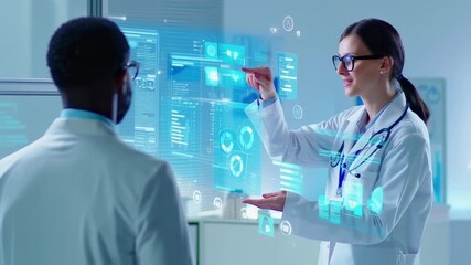 Two doctors interact with a glowing display of medical data and graphs - Powered by Adobe