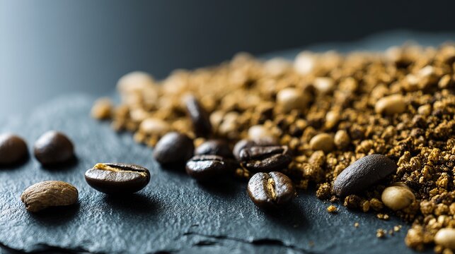 Coffee beans and ground coffee, roasted, on a dark slate surface, close-up with selective focus, copy space.