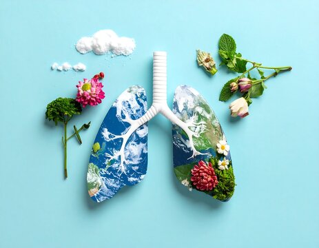 Lung model with a world map and flowers on a blue backdrop