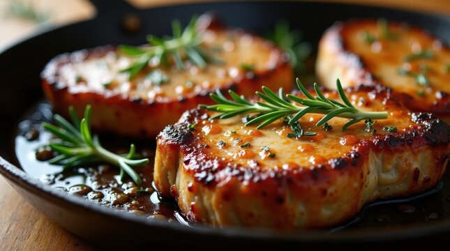 Juicy pan seared pork chops with fresh rosemary in a cast iron skillet