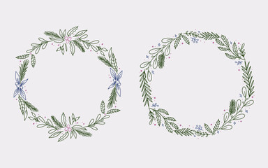 Christmas wreath border frame line art style with branches, winter floral element. Minimalist vintage frame perfect for card, cover, greeting or cover.