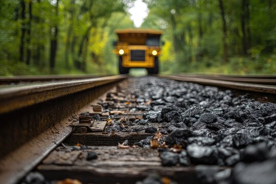 A yellow dump truck on a railway track through a forest