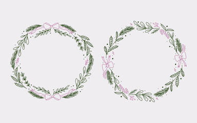 Christmas wreath border frame line art style with branches, winter floral. ribbon bow element. Minimalist vintage frame perfect for card, cover, greeting or cover.