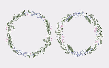Christmas wreath border frame line art style with branches, winter floral. ribbon bow element. Minimalist vintage frame perfect for card, cover, greeting or cover.