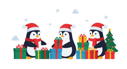Three penguins in Santa hats stand among colorful Christmas presents and a small Christmas tree