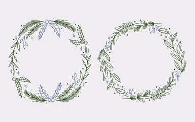 Christmas wreath border frame line art style with branches, winter floral element. Minimalist vintage frame perfect for card, cover, greeting or cover.