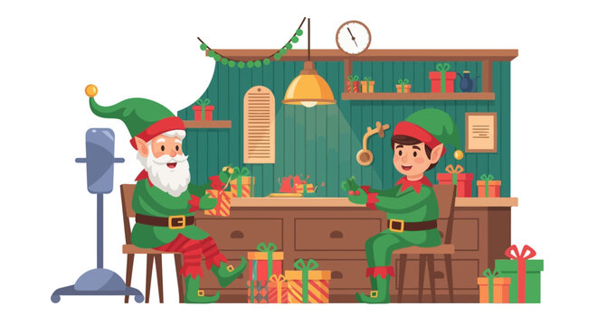 Two elves wrapping gifts in workshop One sits with a white beard Gifts garland clock desk and lamp add detail
