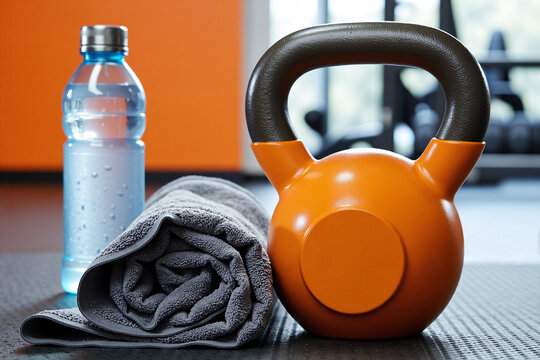 Fitness equipment, including an orange kettlebell, a water bottle, and a grey towel, resting on a blue yoga mat in a modern gym