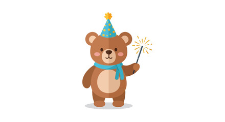 A cartoon bear wears a party hat and scarf while holding a sparkler on a white background