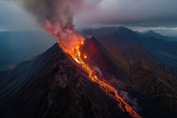 Volcanic eruption, fiery lava flows down a mountain slope, plumes of smoke