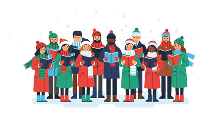 A cartoonstyle group of people is shown singing Christmas carols in winter clothing
