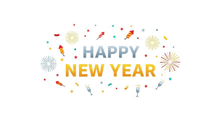 A celebratory image with HAPPY NEW YEAR surrounded by confetti fireworks and champagne glasses