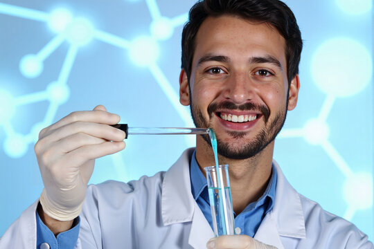 happy male scientist in a lab coat and gloves, smiling while using a pipette to transfer blue liquid into a test tube for a scientific experiment - Powered by Adobe