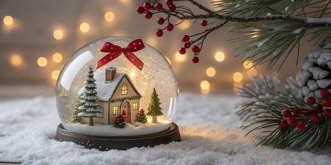Enchanting christmas snow globe with a cozy village scene and festive lights creating a magical holiday atmosphere