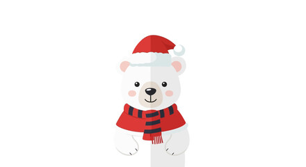 A cute polar bear wearing a Santa hat and scarf