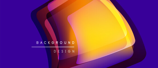Abstract geometric shapes overlap, creating vibrant gradient effect. Orange, purple hues dominate composition. Modern design element.