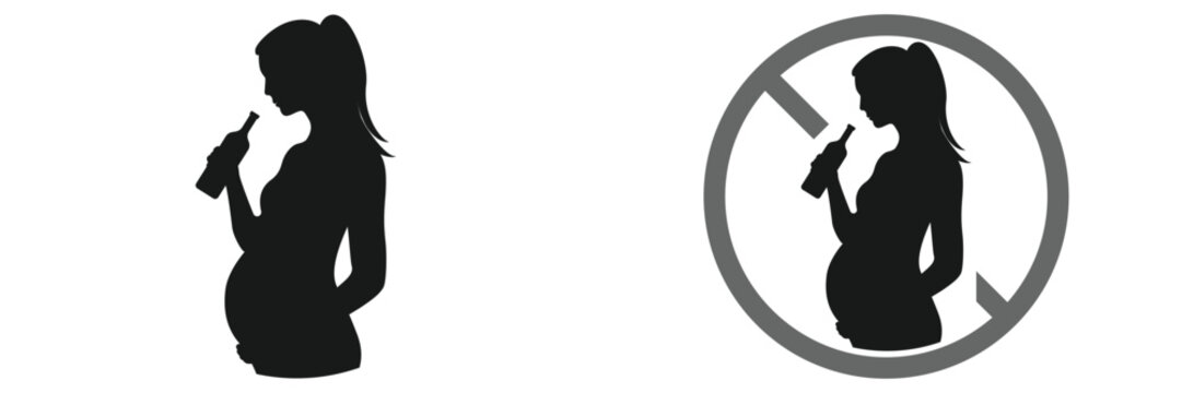 No Alcohol During Pregnancy Vector Signs &ndash; Silhouette Icons for Pregnant Women Awareness, vector illustration.