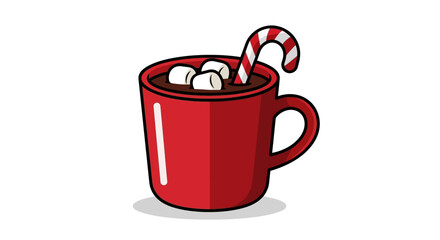 A red mug with hot chocolate marshmallows and a candy cane