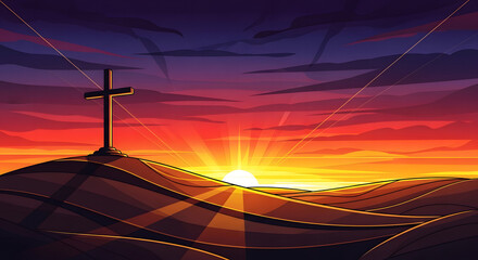 A stylized digital illustration of the cross on a hill. Clean lines, rich, saturated colors (deep purples, reds, and golds) in the sunset sky