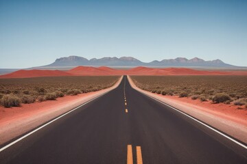 Weite Stra&szlig;e durch die australische Landschaft mit roten Sandd&uuml;nen im Hintergrund