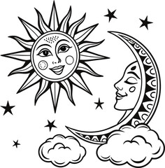A black and white illustration presents a celestial scene, featuring stylized sun and moon faces. The composition centers on three main elements two suns and a crescent moon. The suns are rendered wit
