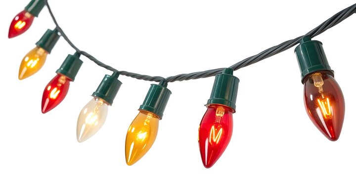 A string of festive c7 christmas lights with red yellow and amber bulbs illuminated against a white background