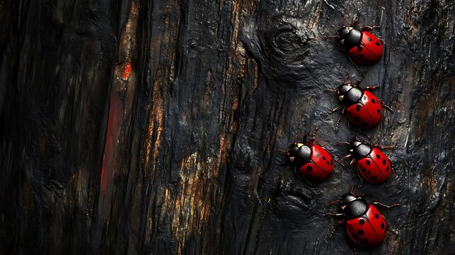 Red ladybugs crawling on dark wooden surface texture
