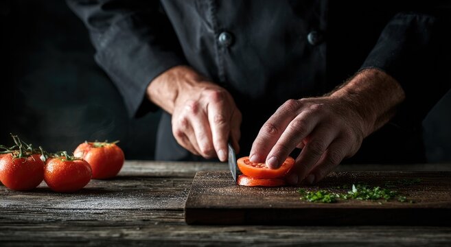 Chef slicing tomatoes on a rustic wooden board (1) - Powered by Adobe