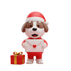 Fototapeta premium Cartoon Dog in Santa Hat Holding Envelope Near Gift Box 3D Render