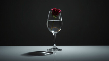 Single Deep Red Rose Flower Stem Submerged in a Wine Glass with Water and Dramatic Lighting