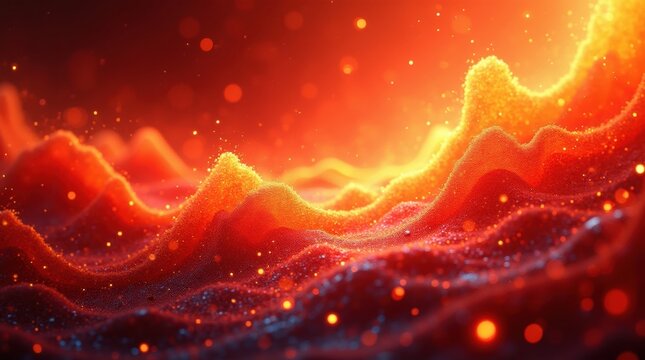 Fiery abstract landscape with glowing peaks and sparkling particles