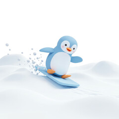 Obraz premium Cute Blue Penguin Snowboarding on White Snowdrift Isolated on Black