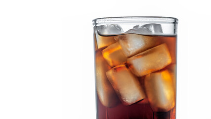A glass of soda with ice cubes in it