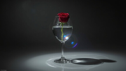 Single Deep Red Rose Flower Stem Submerged in a Wine Glass with Water and Dramatic Lighting