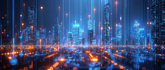 Abstract futuristic city skyline with glowing AI circuits and data streams representing digital innovation and smart technology