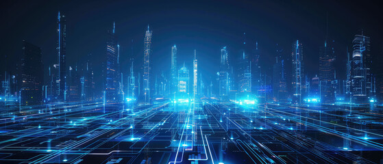 Abstract futuristic city skyline with glowing AI circuits and data streams representing digital innovation and smart technology