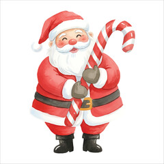 Watercolor Santa Claus holding giant candy cane, cute Christmas vector illustration on white background
