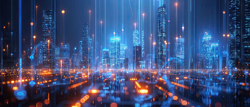 Abstract futuristic city skyline with glowing AI circuits and data streams representing digital innovation and smart technology
