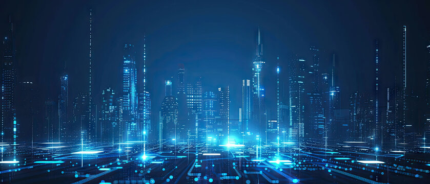 Abstract futuristic city skyline with glowing AI circuits and data streams representing digital innovation and smart technology