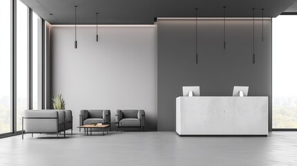 Modern Office Reception Area, Minimalist Design with Concrete Reception Desk, Lounge Chairs, Large Windows with City View, Spacious Interior, copy space