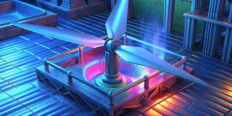 Innovative printer crafting wind turbine blade in a futuristic workshop setting with vibrant colors and textures