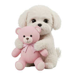 Fluffy White Puppy Hugging Pink Teddy Bear on Transparent Background