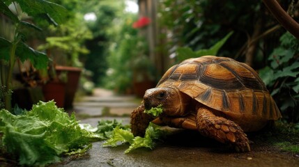 Tortoise Eating Fresh Lettuce in a Lush Garden Pathway Surrounded by Greenery and Flowers