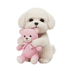 White Puppy Hugging Pink Teddy Bear on Transparent Background
