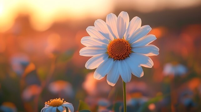 Beautiful daisy in a vibrant field at sunset, showcasing nature's colors and serenity in a peaceful setting